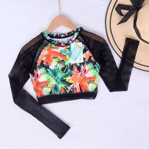 Volcom Vibrant Leaf Print Crop Top with Black Mesh Sleeves